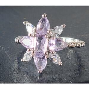 Exquisite Rhodium-Plated Size 9 Floral Ring with Lavender Gemstones